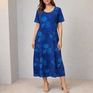 La Cera Navy Blue Shell-Print Midi Dress with Scoop Neck